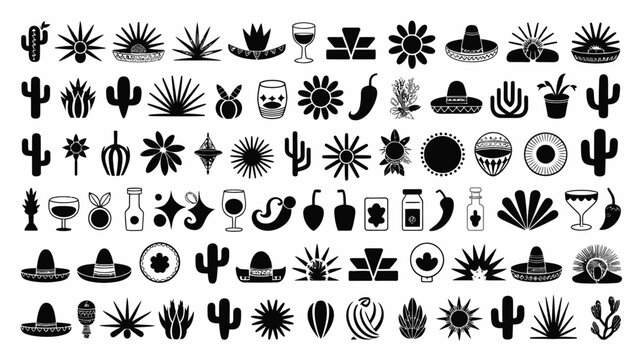 Silhouette icons of cacti agave tequila bottles margaritas and mexican inspired symbols arranged in a bold black and white design