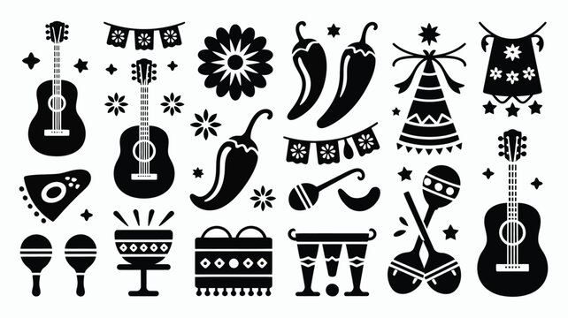 Vibrant silhouette icon set celebrating festive mexican culture with traditional instruments chili peppers sombrero maracas and decorative elements in a clean grid style