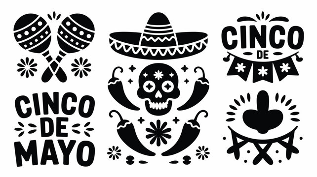 Festive cinco de mayo silhouette bundle featuring maracas sombrero chili peppers skull and banner designs in bold black and white style