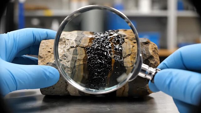 Lab Technician Examining Layered Rock Core With Magnifying Glass