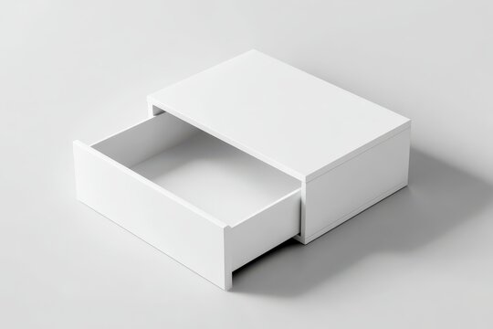 Blank white drawer slide box mockup half open angled view soft shadow on clean background