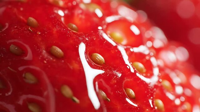 Macro Closeup of Fresh Dewy Strawberry Skin with Seeds and Water Droplets