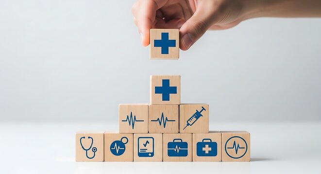 Hand placing wooden block with cross symbol on medical-themed block tower
