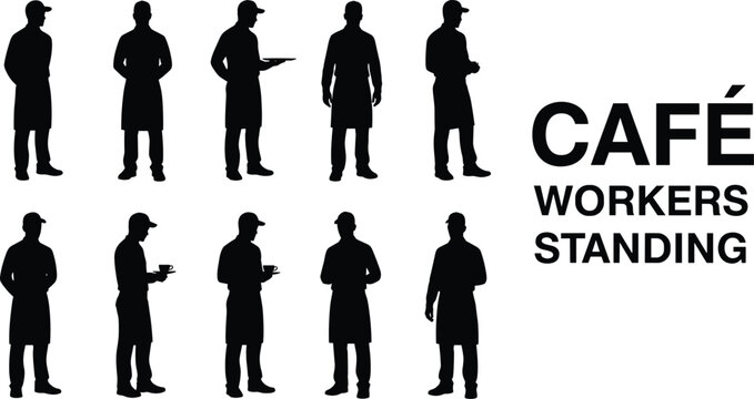 Caf&eacute; worker silhouettes, staff standing icons, barista vector design, restaurant employee graphic, service industry illustration, waiter waitress symbol, hospitality team art