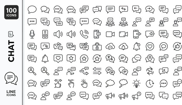 A collection of 100 chat and line icons in a simple black line style on a white background, featuring various communication and messaging symbols. Ai, eps, jpg, transparent background, png