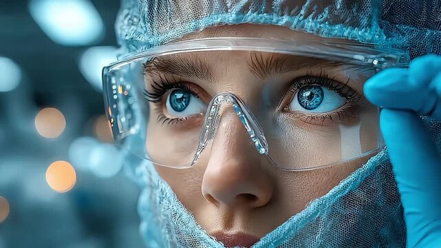 A close-up portrait of a female scientist intently observing something with determination, symbolizing innovation and dedication in a laboratory setti