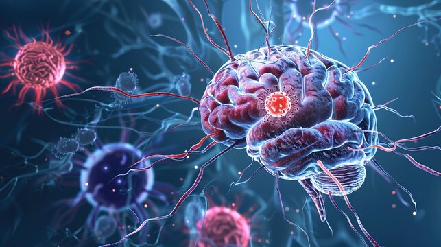 Herpes simplex encephalitis is a severe acute viral infection affecting the central nervous system, caused by herpes simplex virus. This medical illustration visualizes brain inflammation, neural dama