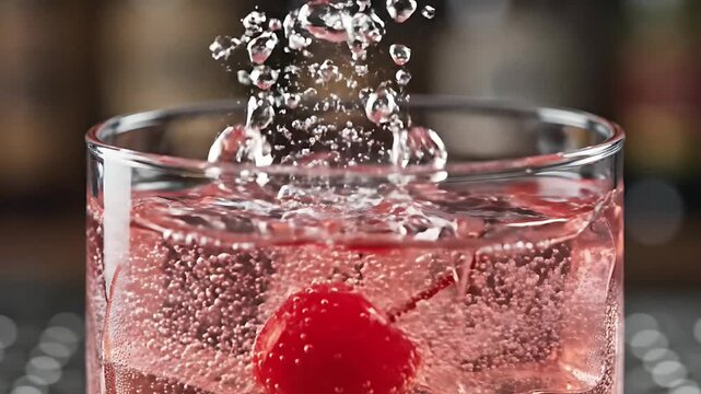 Maraschino Cherry Falling Into Pink Iced Cocktail Sequence
