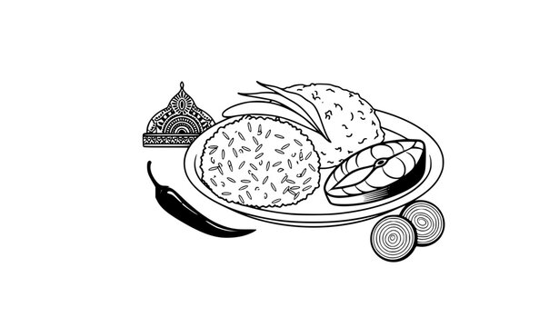 Pohela Boishakh panta ilish Bengali food black white vector