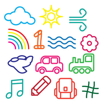 The image features a playful collection of colorful, child-friendly icons designed to spark a kid's imagination.