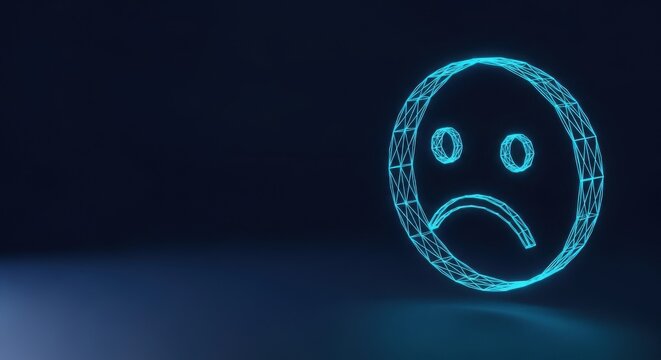Wireframe digital sad emoji face with blue neon glow on dark background expressing negative emotion