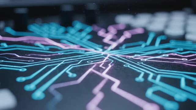 A high-tech close-up shot of a human finger touching a dark, textured surface, instantly activating a glowing blue and purple digital circuit board pattern. The interaction is accompanied by bright el