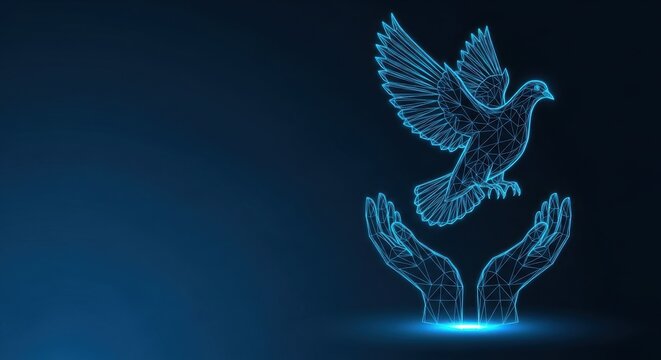 Wireframe Dove Ascending from Open Hands in Digital Realm, Symbolizing Hope and Freedom