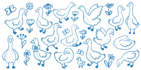 Blue hand drawn goose doodles with spring flowers and butterflies, perfect for rustic stationery and nursery decor. © Kristina