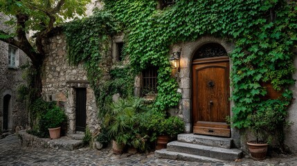 Naklejka premium Quaint Charming Stone Facade Covered in Ivy, Entrance Door Detail Architecture