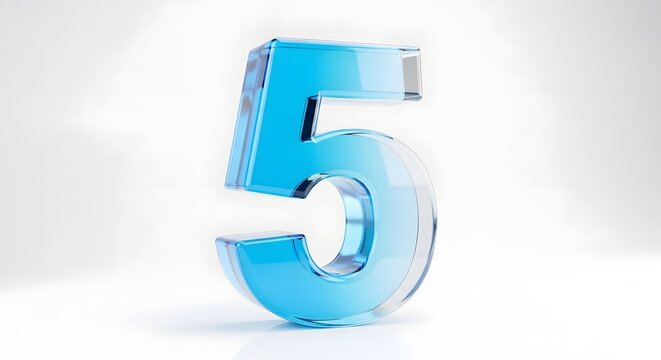 Vibrant blue number 5 rendered in a transparent, glossy material, isolated on a clean white background, suggesting themes of counting or completion