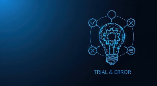 Wireframe Lightbulb Idea Symbol with Gears and Process Icons on a Dark Blue Background, Representing Innovation and Trial and Error