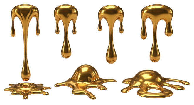 glossy golden liquid dripping and pooling isolated on a white background useful for abstract luxury or decorative design