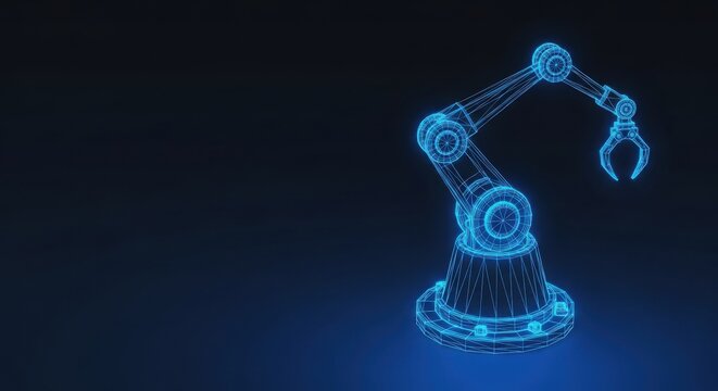 Wireframe Robotic Arm in Blue Neon Glow, Representing Industrial Automation Technology