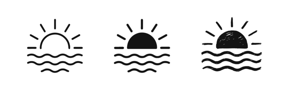 Sunset or sunrise over ocean waves icon set in different graphic styles
