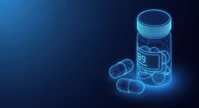 Wireframe Vitamin B9 Capsules and Bottle on a Dark Blue Glowing Background