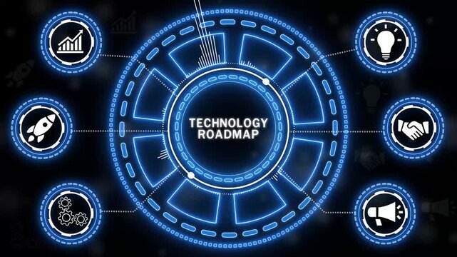 Futuristic animated technology roadmap infographic with glowing icons and neon blue accents.4k Animation.