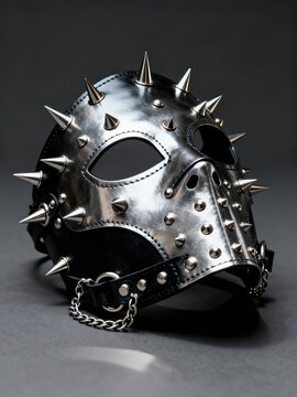 Studded black and silver leather mask with metal spikes on dark background