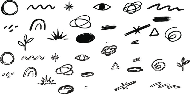 Hand drawn vector doodle elements set, black brush strokes, shapes and scribbles isolated on white background.