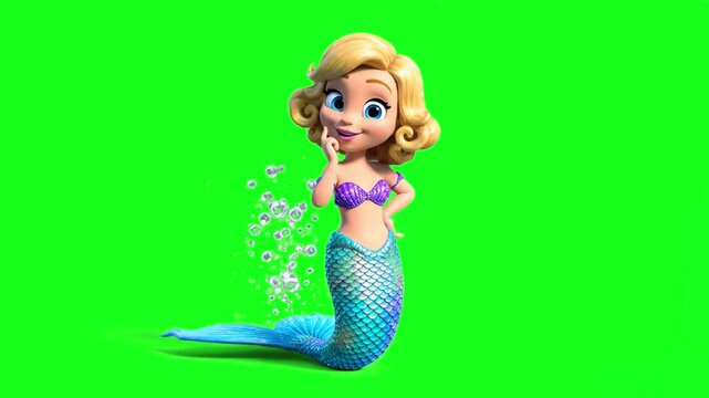 A beautiful 3D cartoon mermaid with blonde hair and a sparkling tail poses playfully surrounded by bubbles against a green screen background. This character is ideal for aquatic-themed projects, child