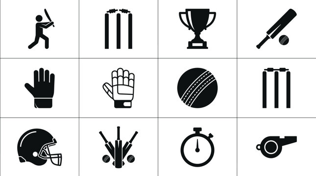 Cricket icons, sports silhouettes, bat ball vector set, trophy cup, stumps wicket, helmet glove, stopwatch whistle, cricket equipment design