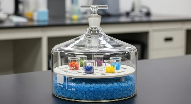 Laboratory desiccator holds small beakers containing colorful chemical samples over blue desiccant beads.