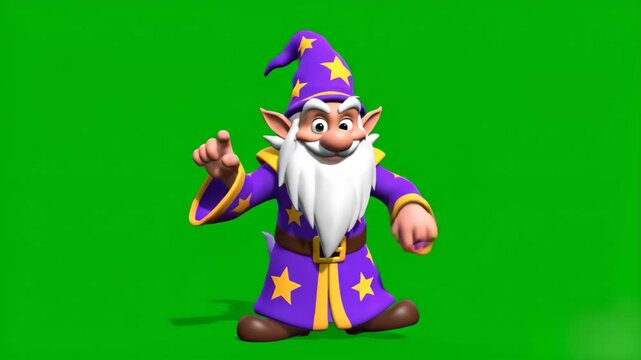 A cheerful 3D cartoon wizard with a long white beard, wearing a purple star-patterned robe and hat, makes a friendly gesture against a green screen. This magical character is perfect for children's ga