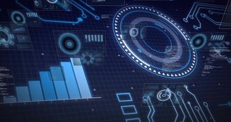 Projecting concentric circular HUD across dark blue grid, with stacked bars and circuit traces © vectorfusionart