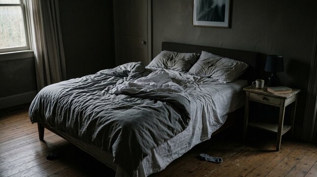 A messy bed sits in a darkened room with a nightstand
