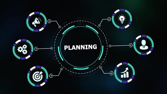 Business Planning and Strategy Development Process. Circular steps for goal setting, resource allocation, analysis, and tracking progress