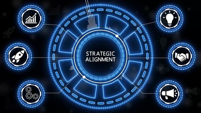 Digital illustration of strategic alignment and business growth concepts on dark background.4k Animation.
