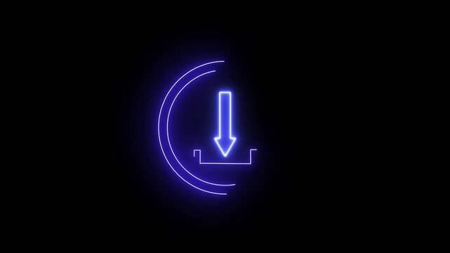 Simple yet striking glowing blue neon download icon with a downward arrow, set against a black background. Perfect for modern tech videos, website designs, and UI elements.