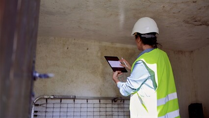 Female engineer wearing safety hard hat and high visibility vest performing inspection in confined space, using digital tablet to document findings © NJF