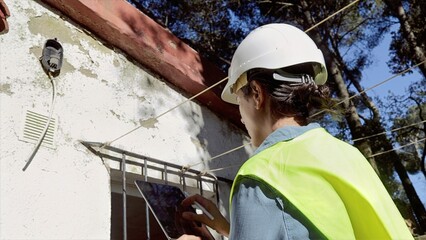 Female construction engineer wearing a hard hat and safety vest, carefully inspecting the exterior of an old building while using a digital tablet for site evaluation and project management © NJF