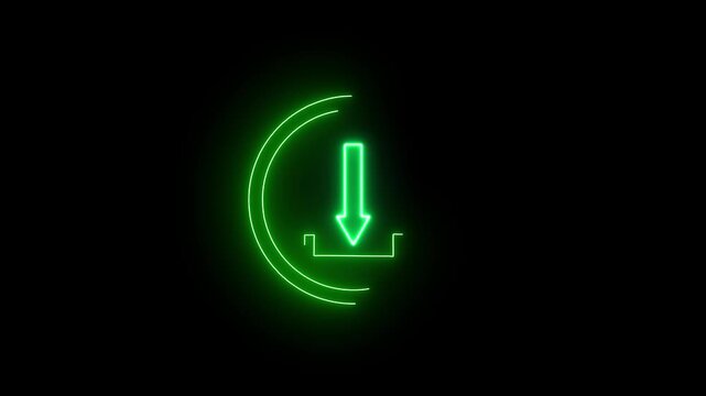 Simple yet striking glowing blue neon download icon with a downward arrow, set against a black background. Perfect for modern tech videos, website designs, and UI elements.