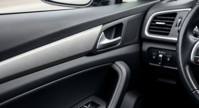 Closeup of a modern car interior showcasing door handle and dashboard details.