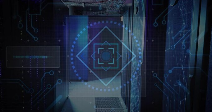Scan starting HUD fading over server aisle, diamond reticle forming, ring pulsing monitoring racks