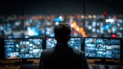 Fototapeta premium Back View Mysterious Man Looking at Multiple Monitors at Night City