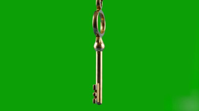 A detailed 3D render of a vintage brass key hanging vertically over a solid green background. The metallic texture and classic design make it ideal for security or mystery-themed concepts.