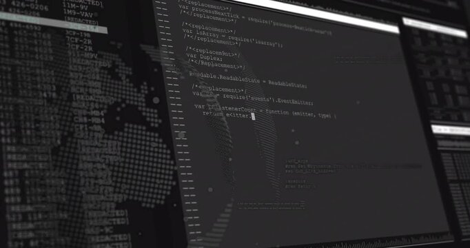 Monitor showing dotted globe and code editor, crop shifting right, cursor adding code for dev