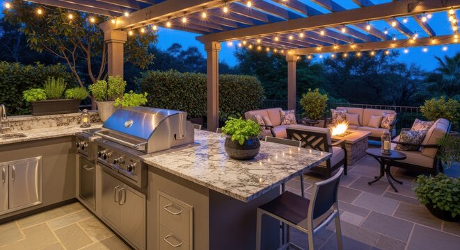 Illuminated outdoor kitchen area features a stone grill island and a comfortable lounge with a fire pit at dusk.