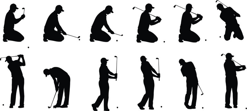 Male golfer swinging club sequence silhouette