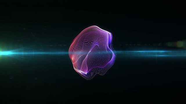 On cyan band crossing midline, mesh orb morphing, pulsing and releasing particles to visualize flow