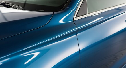 Obraz premium Closeup of a Shiny Blue Cars Body Showing Details and Reflections.