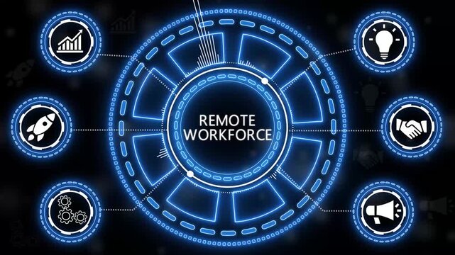 Remote workforce concept visualized with icons and glowing circuit board style elements.4k Animation.